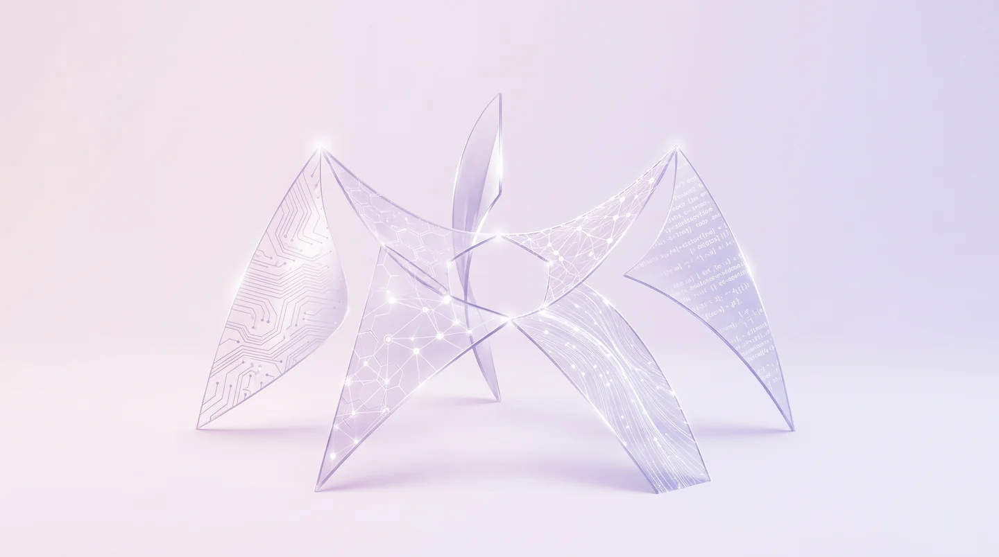 Plusieurs surfaces courbes et translucides s’articulent autour d’un point de connexion.