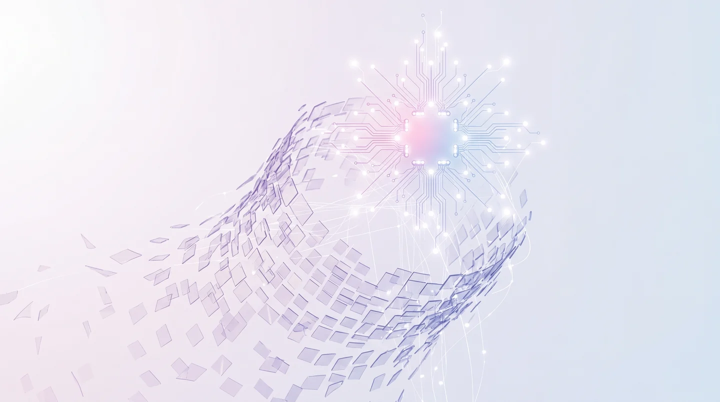 Une trame de modules translucides se transforme en un réseau de connexions lumineuses.
