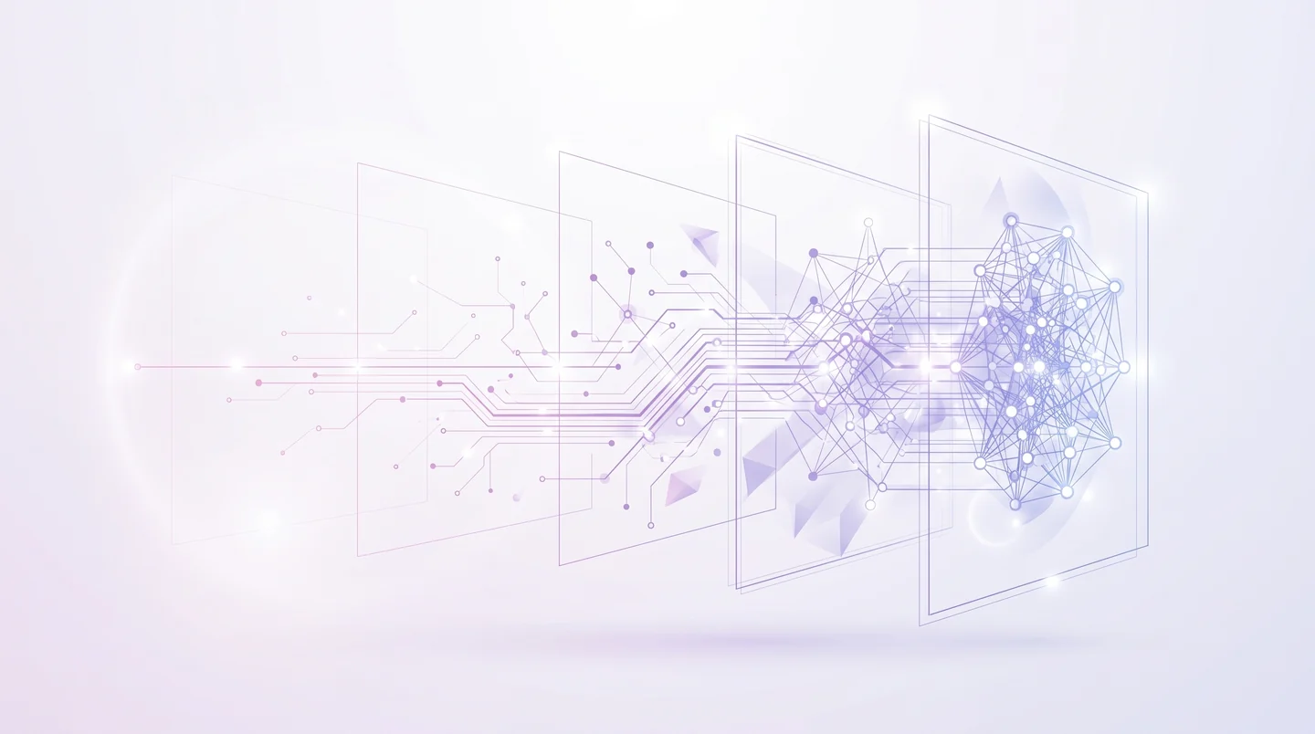 Un réseau de connexions traverse des cadres successifs et gagne en structure.