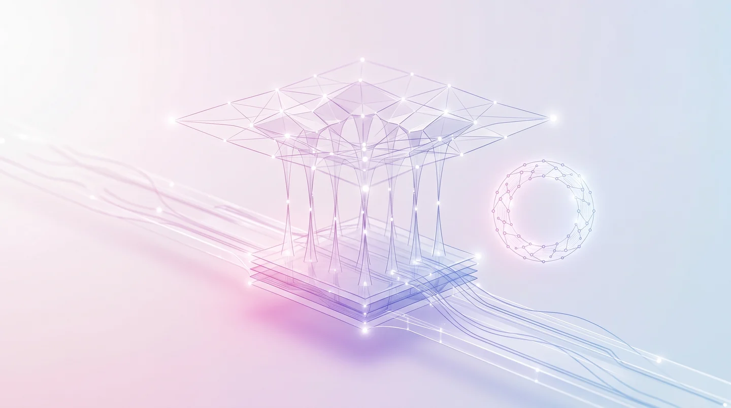 Des liaisons verticales soutiennent une structure ajourée au-dessus d’un passage de flux lumineux.