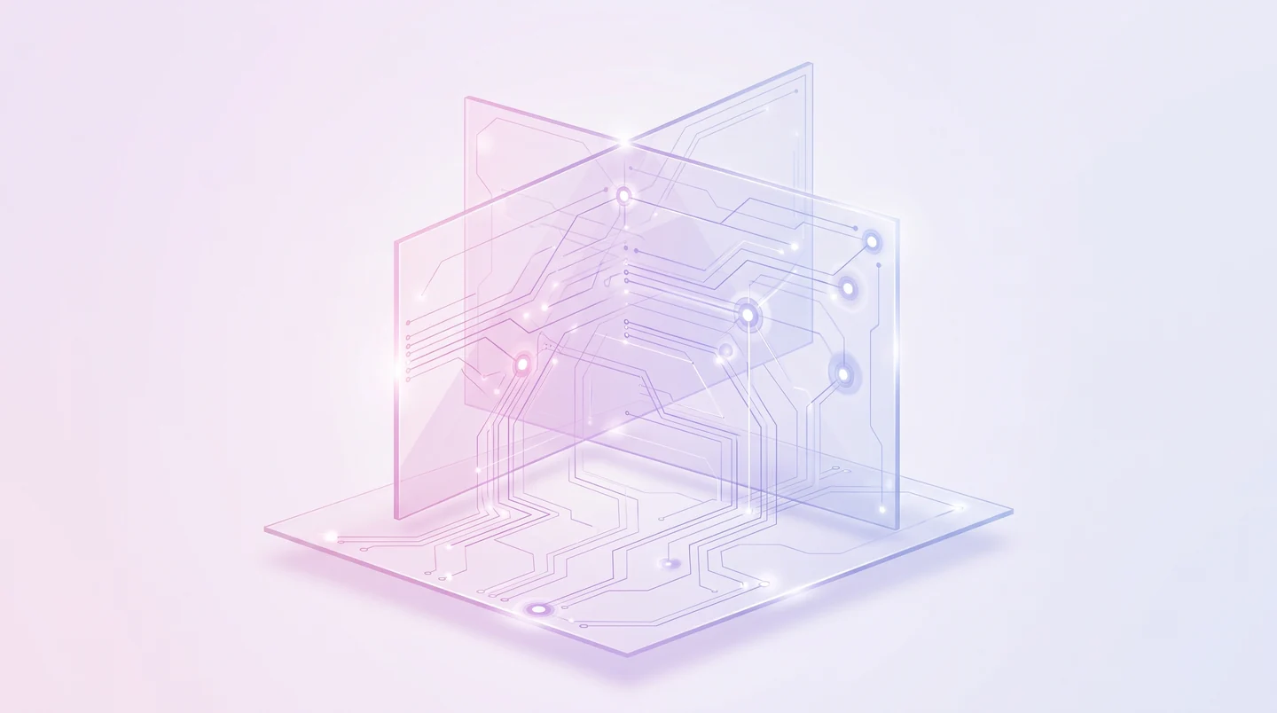 Des plans transparents se croisent sur un socle et relient plusieurs nœuds lumineux.