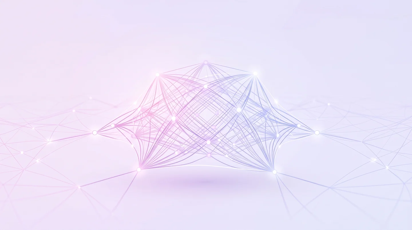 Un maillage de connexions fines converge vers une structure centrale rose et bleue.
