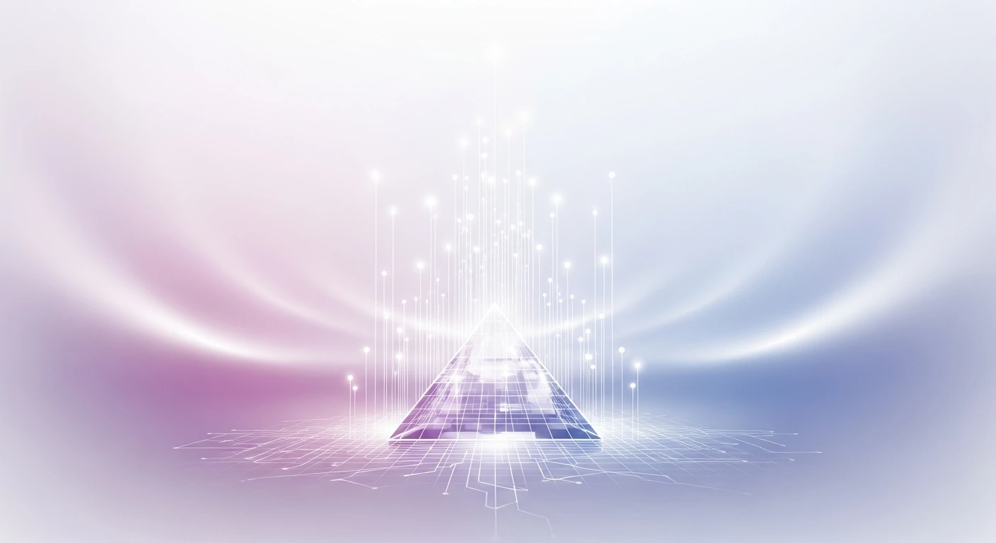 Une structure pyramidale lumineuse à la base de filaments verticaux.