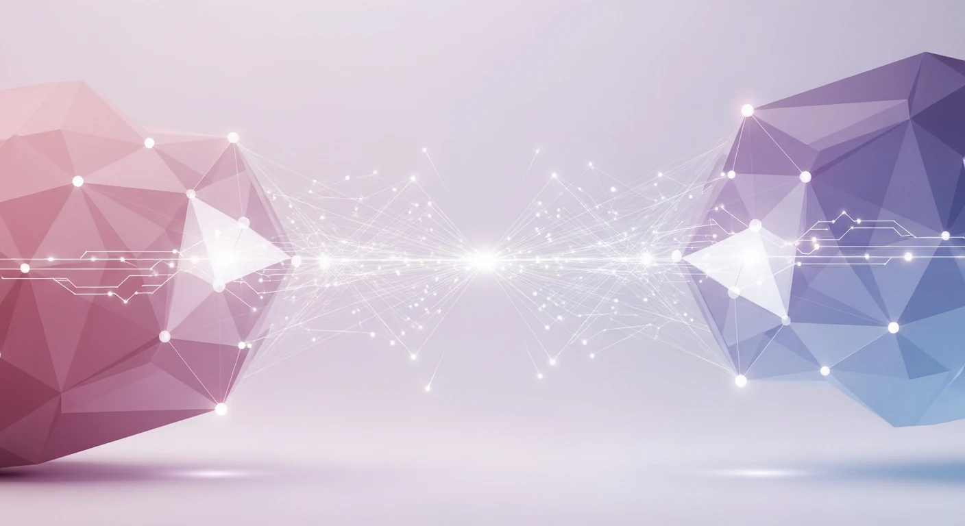 Deux formes facettées reliées par un échange de lumière.
