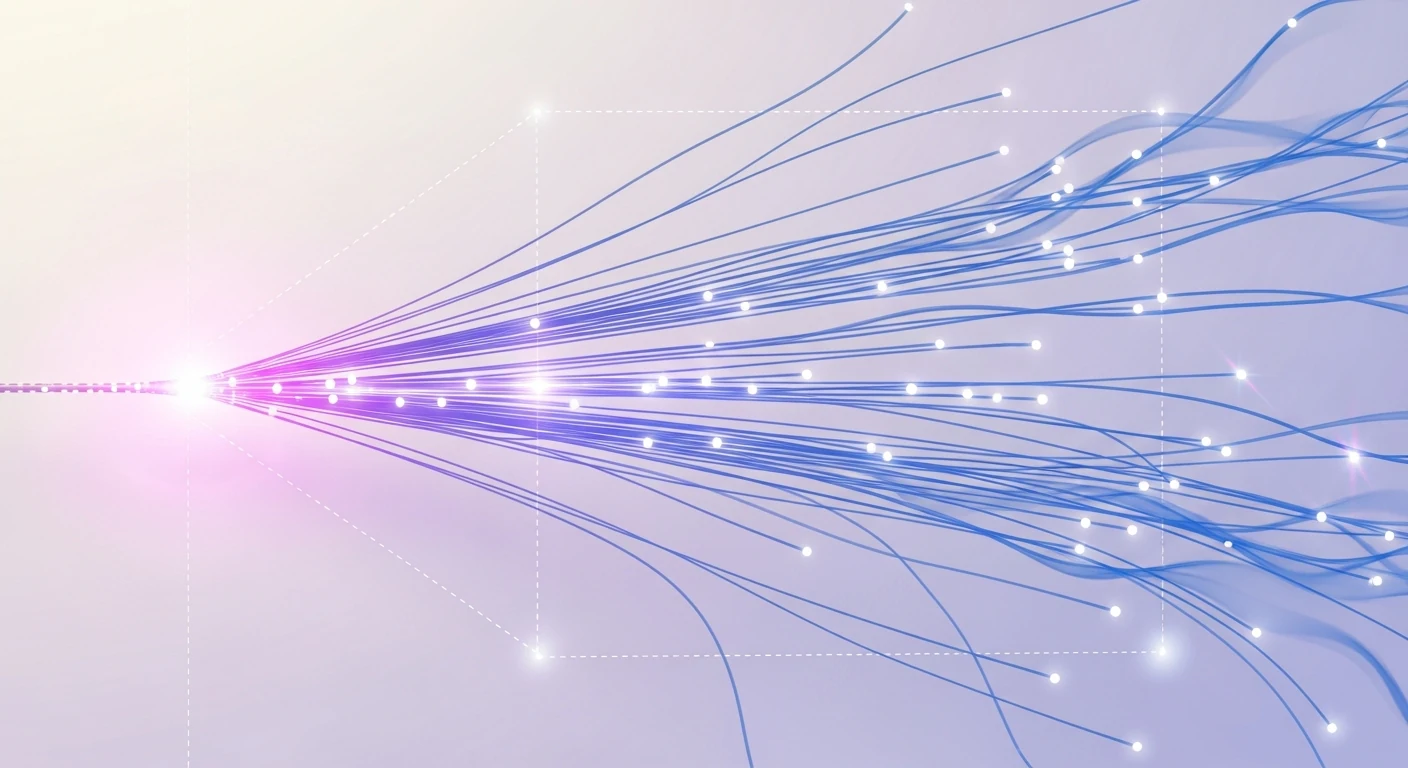Un éventail de filaments lumineux se déploie sur un fond mauve et bleu.