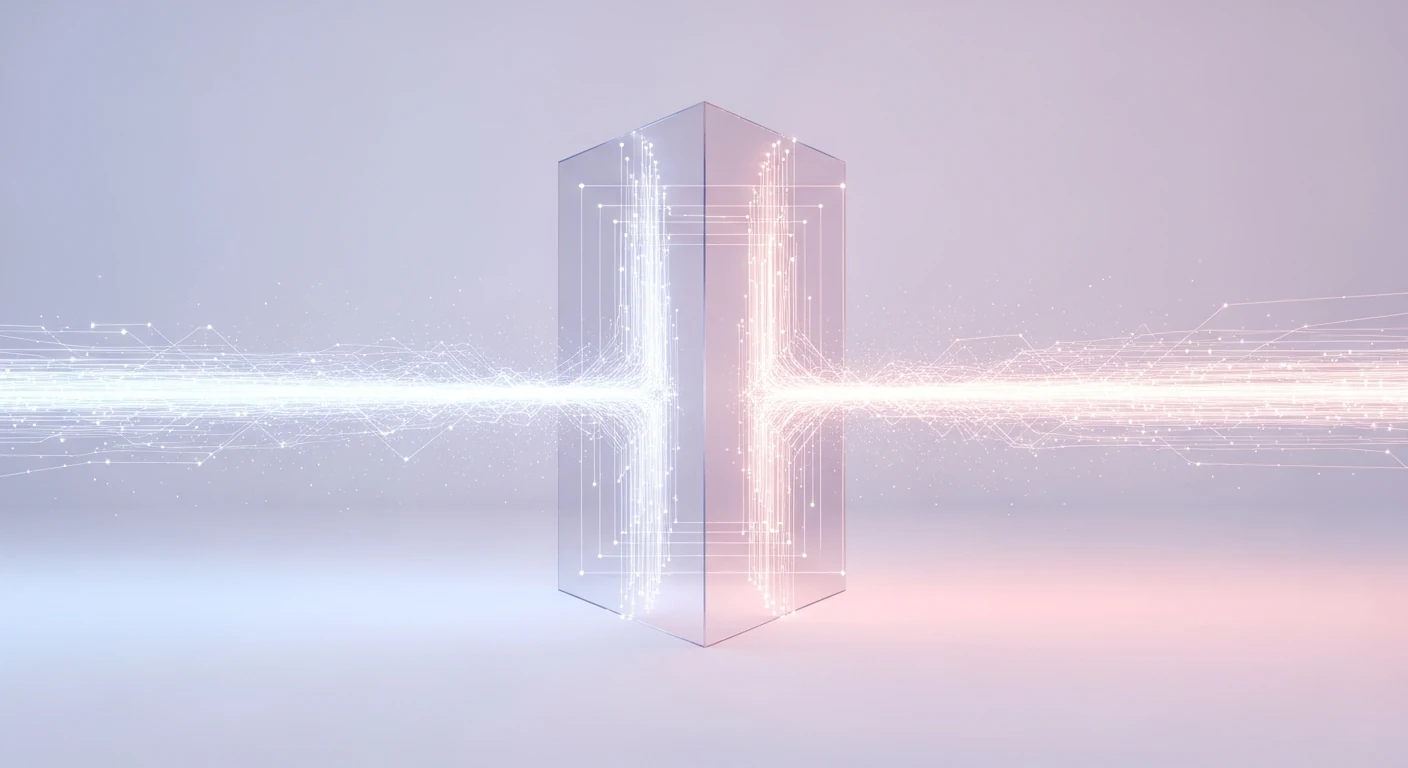 Des flux roses et bleus traversent un prisme transparent.