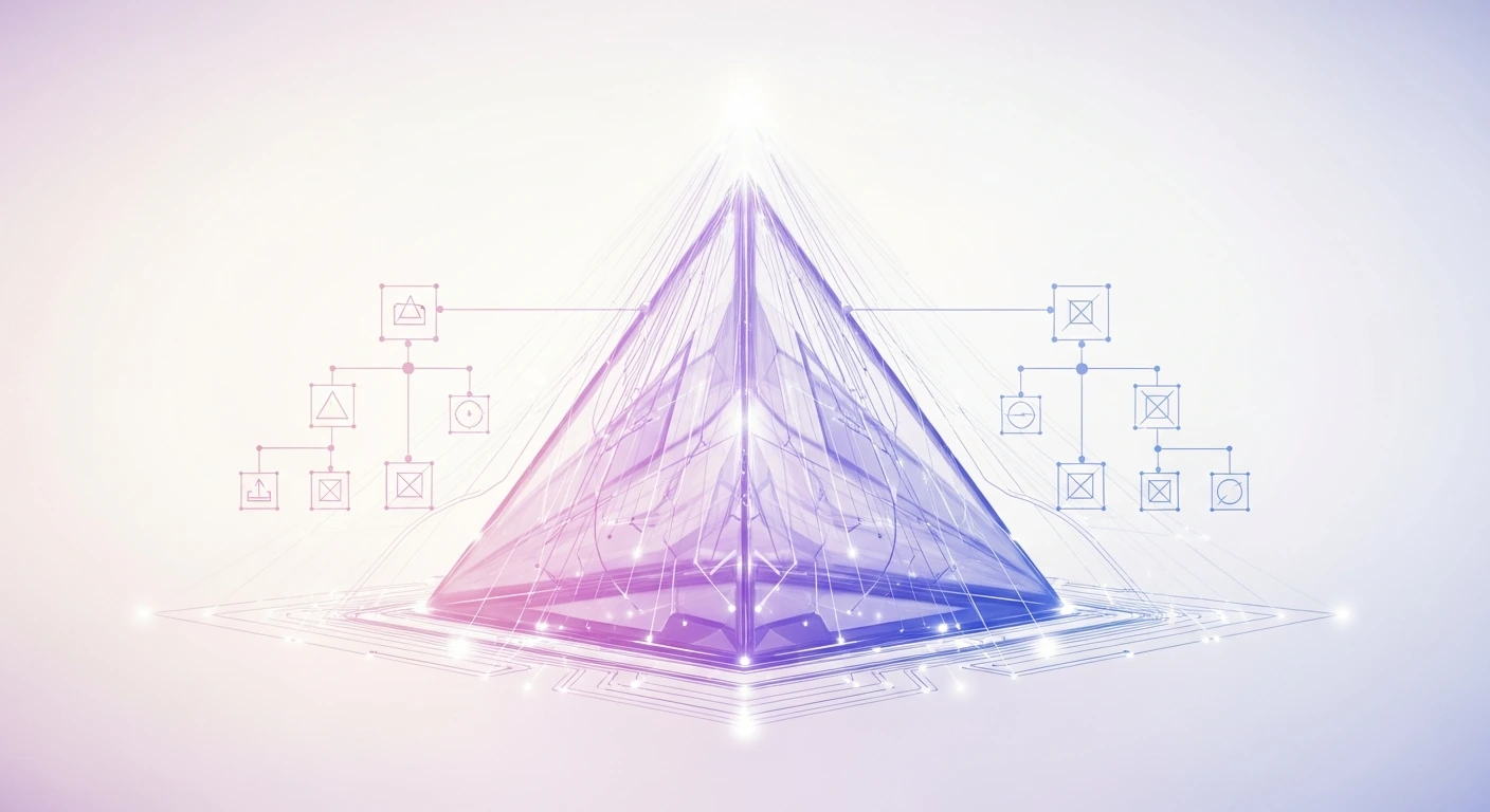 Une pyramide transparente reliée à des réseaux lumineux.