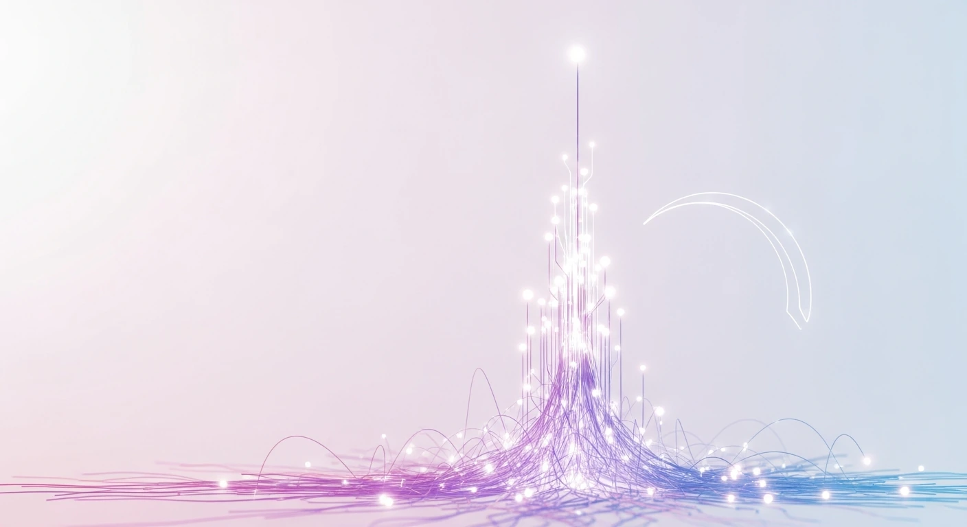 Des filaments lumineux se rassemblent et s’élèvent en une structure verticale.