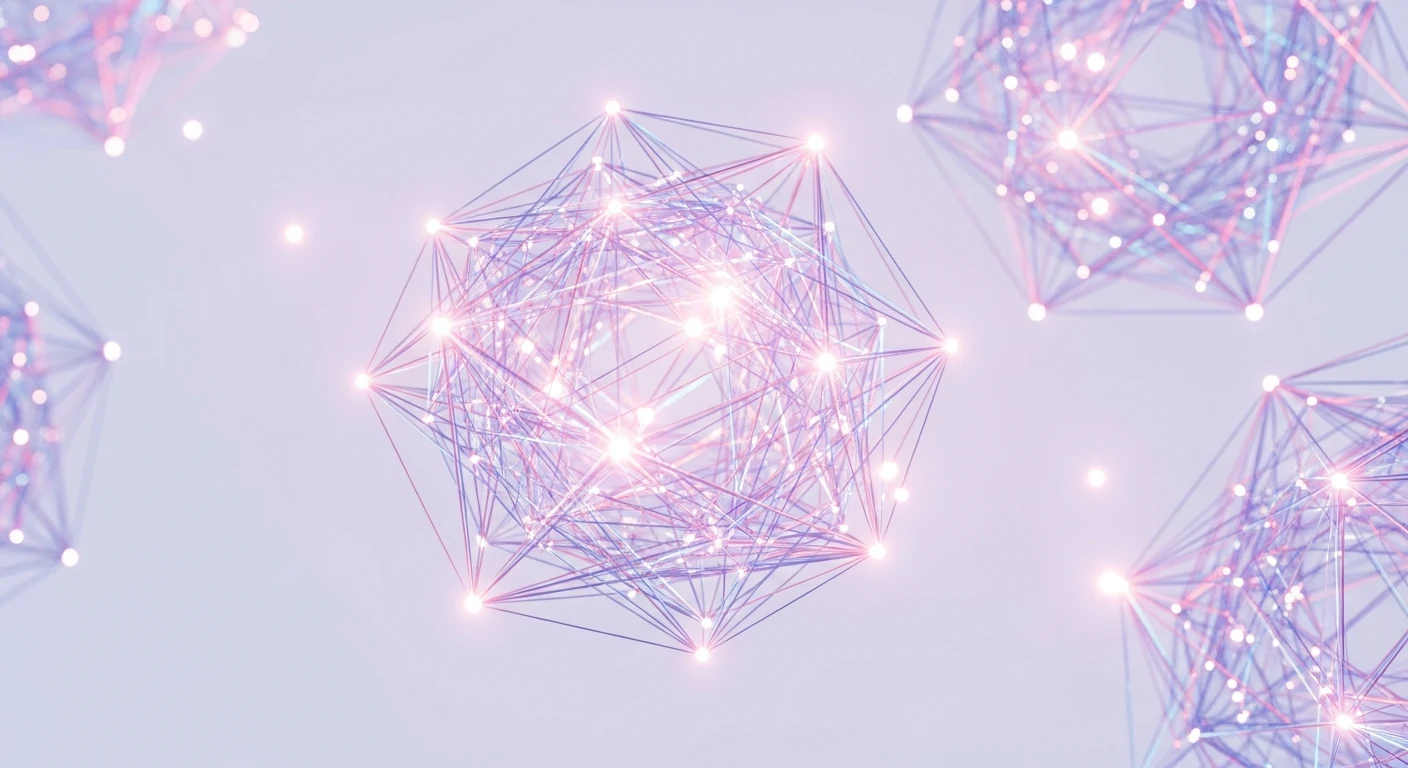 Plusieurs formes cristallines reliées par des points lumineux.